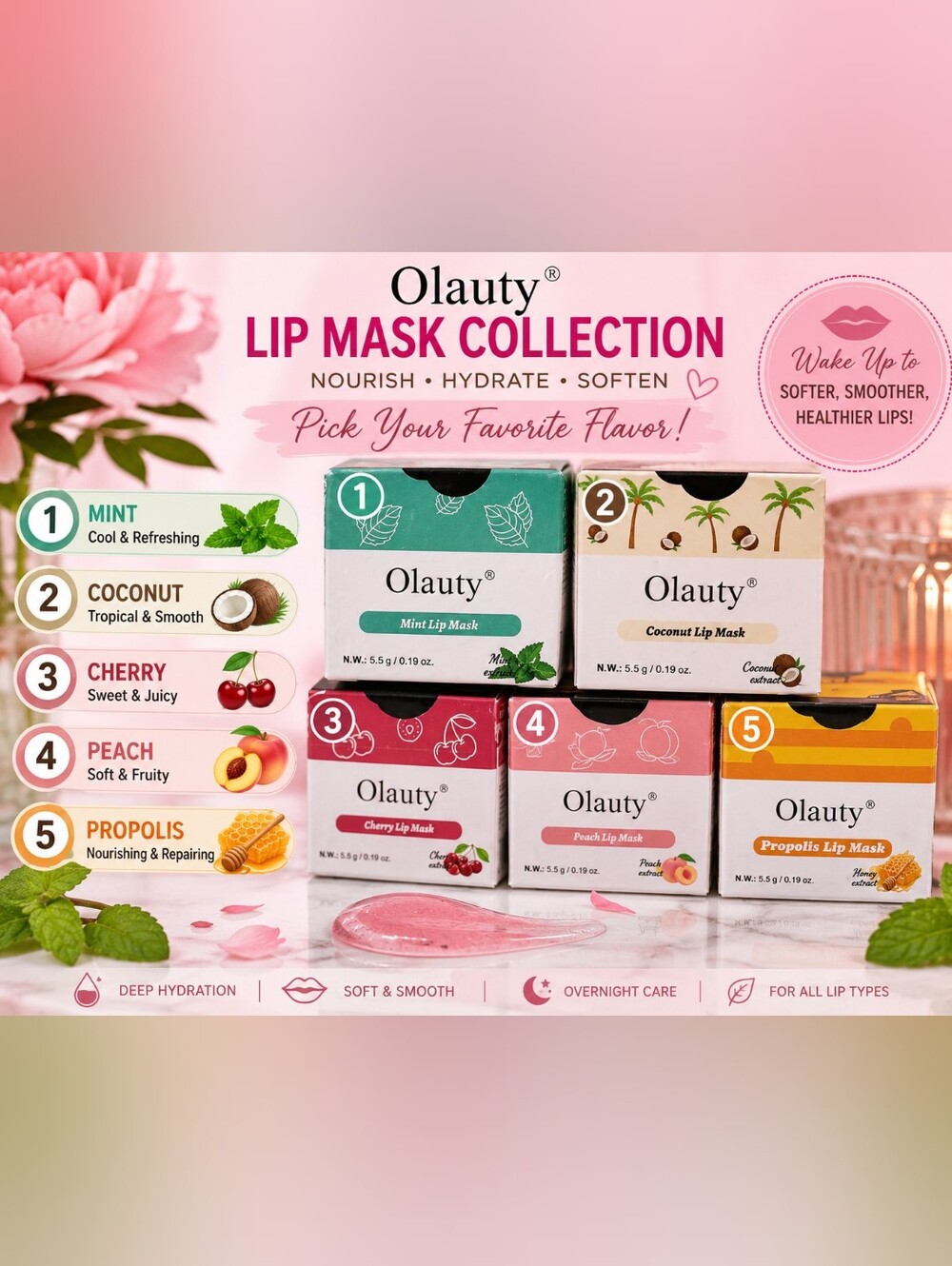 💋Olauty Lip Mask Bundle | Hydrating Overnight Lip Care | 5 Flavors | Choose 1